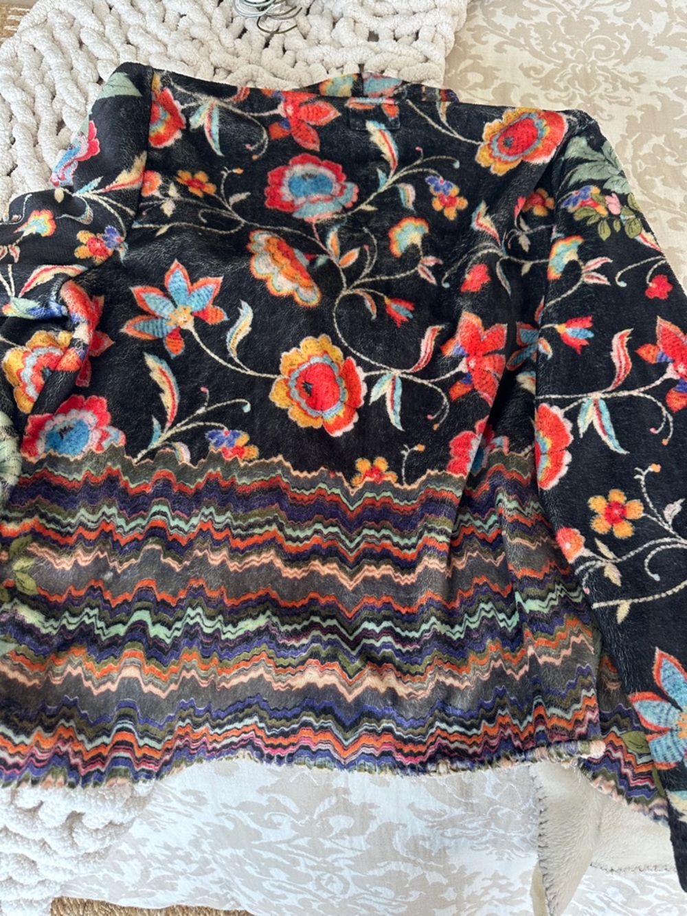 Johnny Was Multicolor Floral Patchwork Hooded Sweater Jacket - Black & Cream - Picture 6 of 8